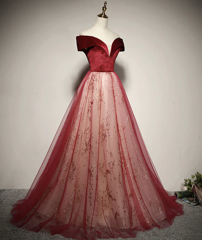 A-line Red Tulle and Velvet Off Shoulder Long Prom Dress